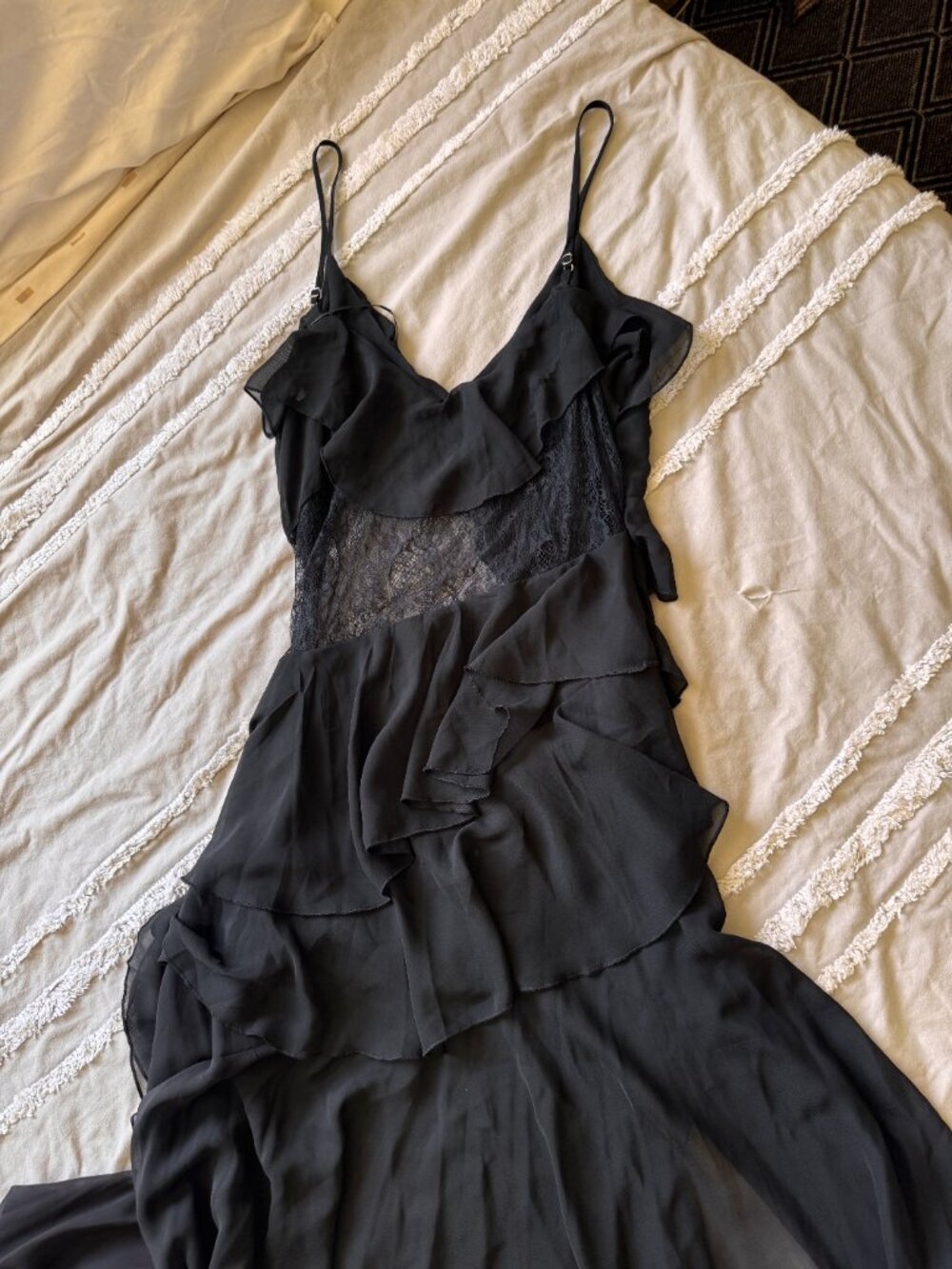 12th Tribe Nyx Black Lace Inset Ruffle Chiffon Maxi Dress Size Large L - Picture 7 of 8